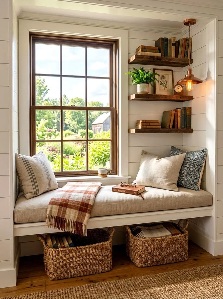 Cozy window seat reading nook with cushions and soft curtains