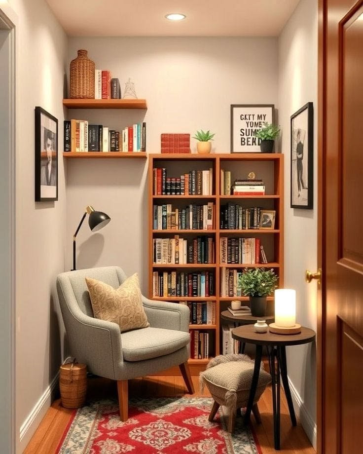 Home library reading nook with an armchair and surrounding bookshelves