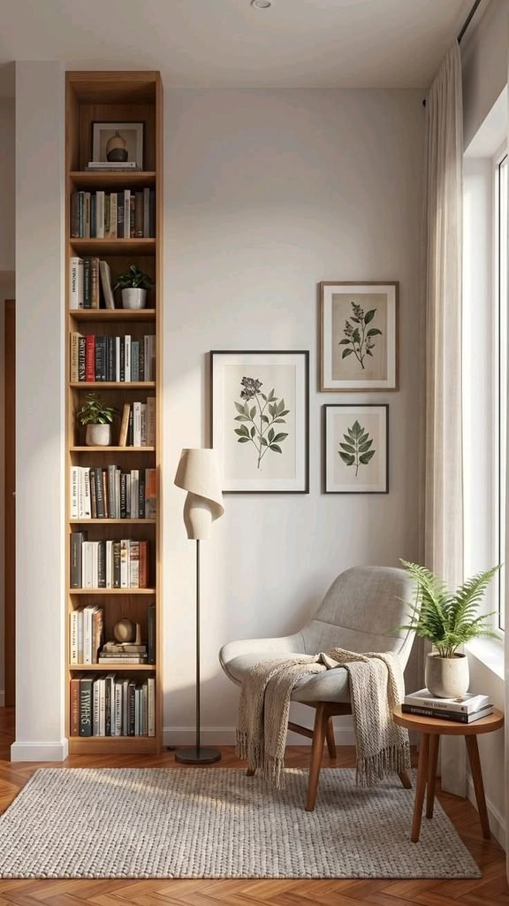 Simple minimalist reading nook with an armchair, floor lamp, and side table