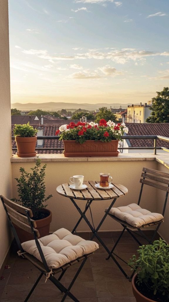Small balcony with compact bistro table and two chairs