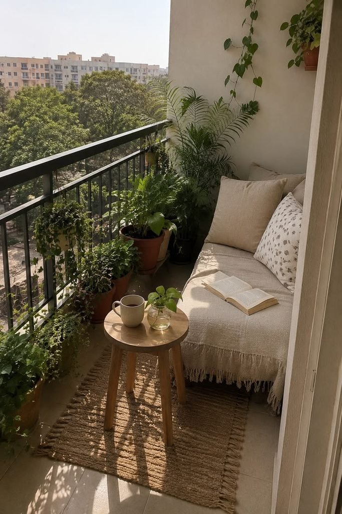 Small balcony with compact bistro table and two chairs