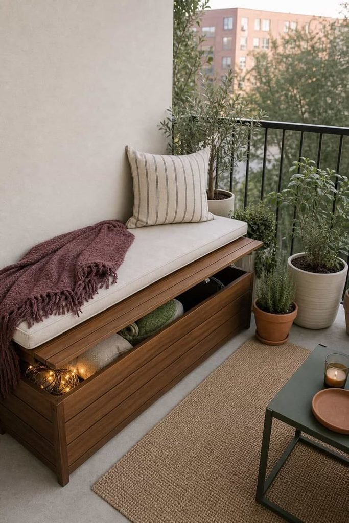 Small balcony with a slim storage bench and outdoor cushions