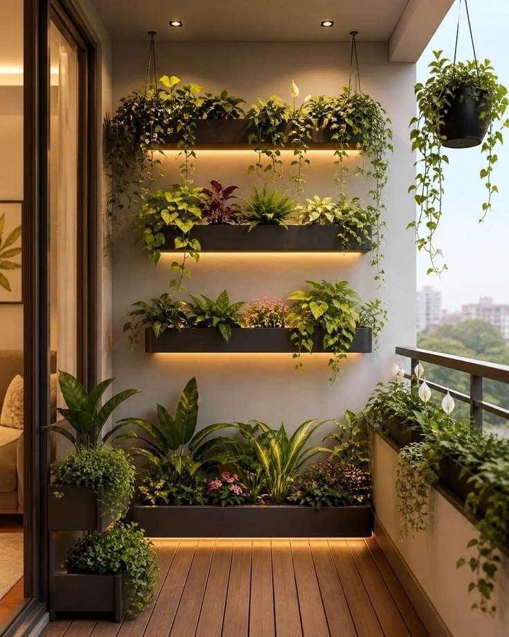 Small balcony with wall-mounted planters and greenery