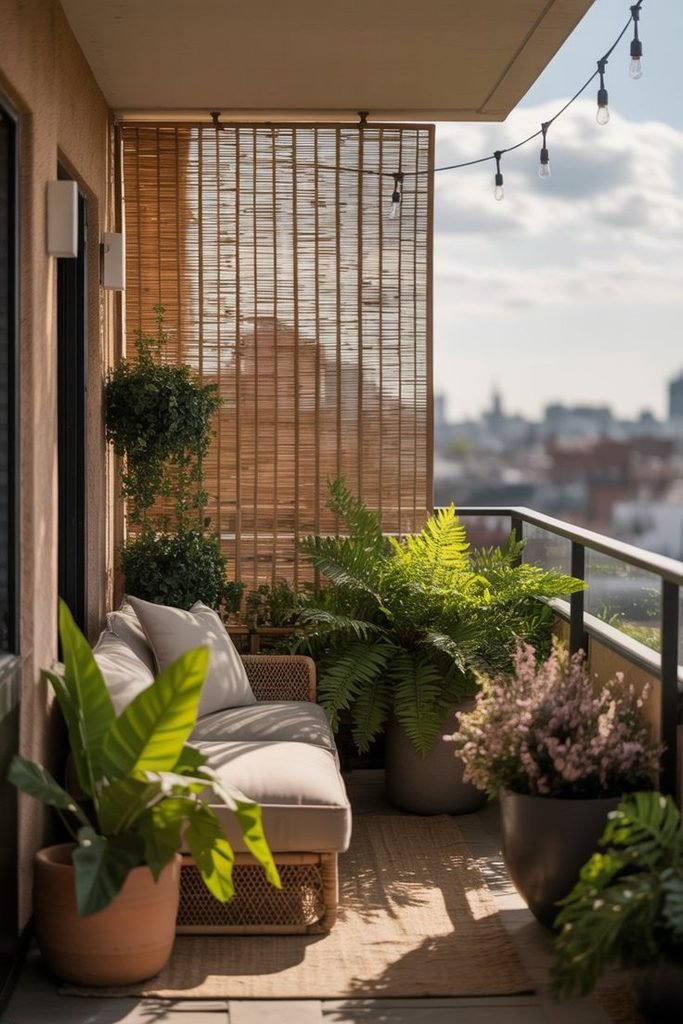 Small balcony with a natural bamboo privacy screen and plants