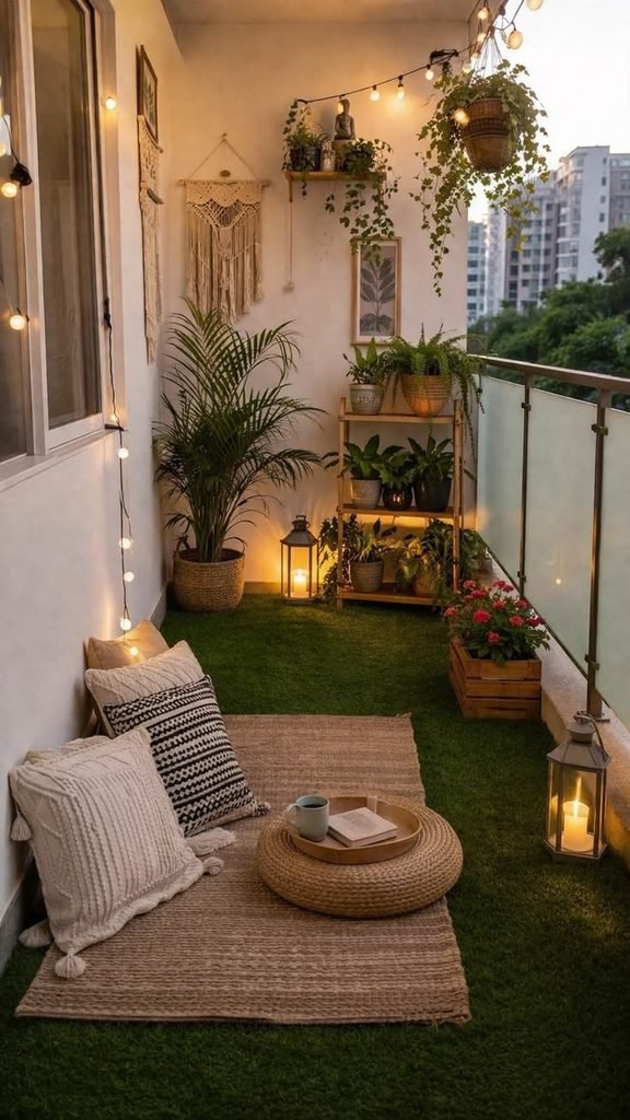 Cozy small balcony with warm outdoor lighting and string lights