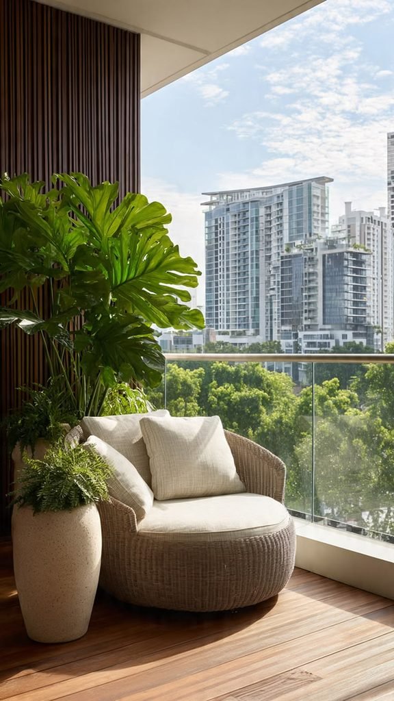 Small balcony with a tall statement plant in a decorative planter