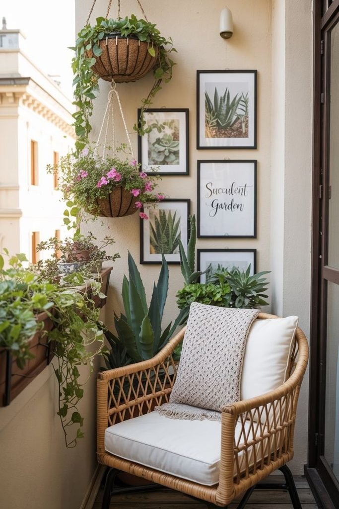 Small balcony with decorative outdoor wall art and plants