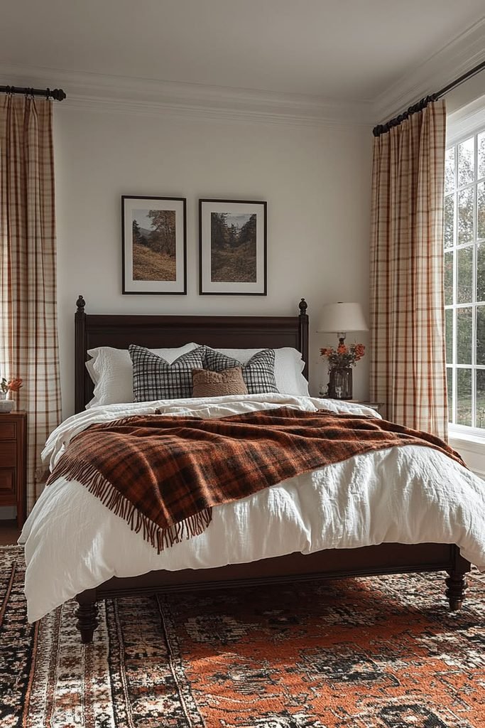 Cozy bedroom with a plaid throw at the foot of the bed
