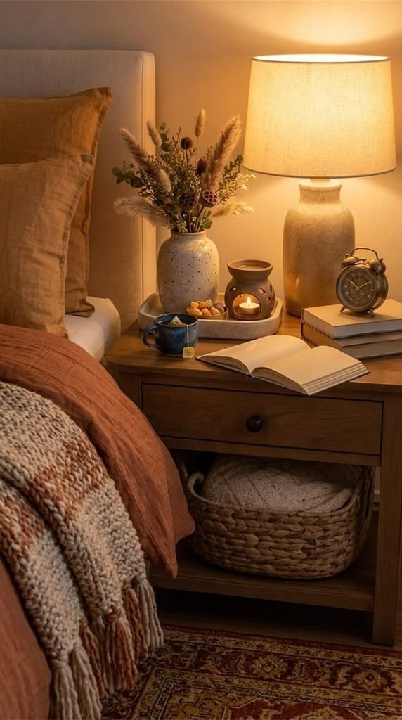 Bedroom nightstand styled with warm wood and ceramic decor