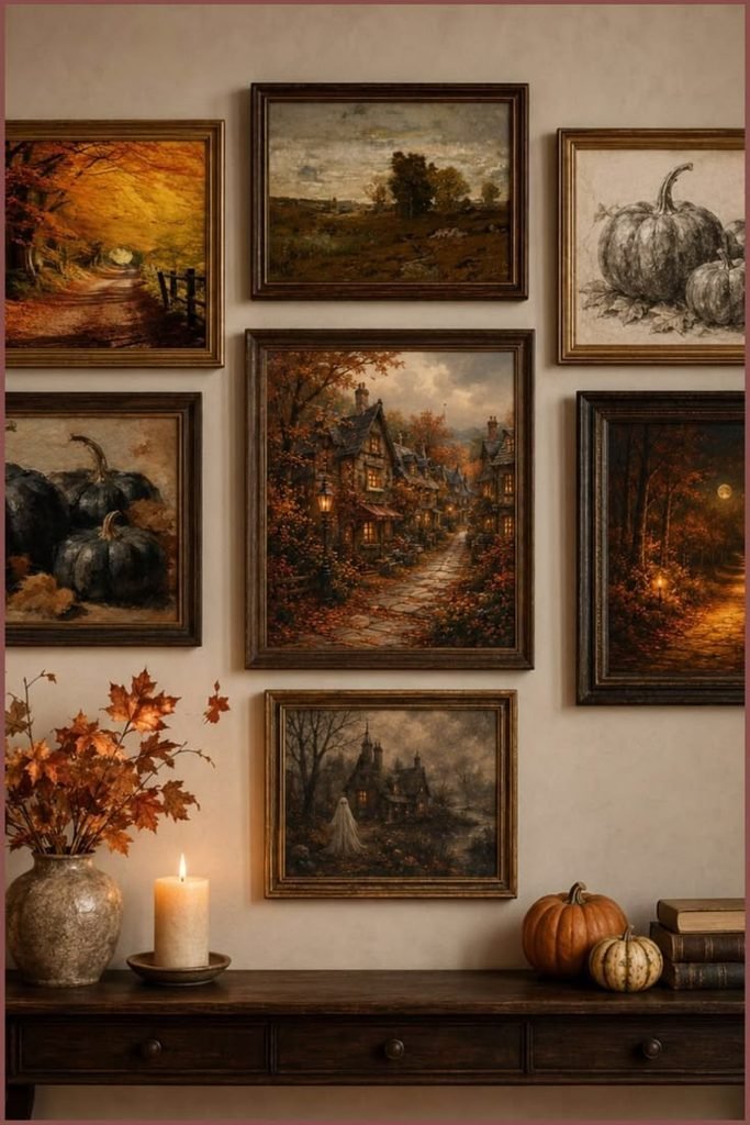 Bedroom with moody earthy fall artwork