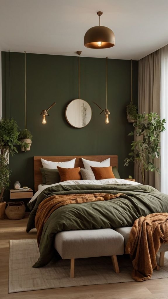 Cozy bedroom with olive green fall accents