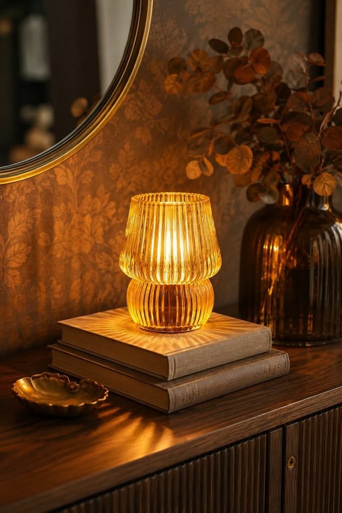 Bedroom with warm amber glass bedside lighting
