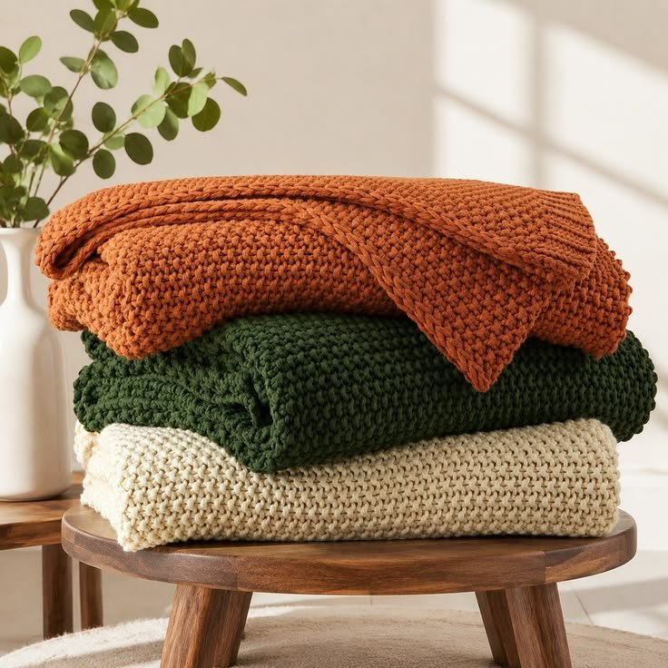 Cozy bedroom with chunky knit textures