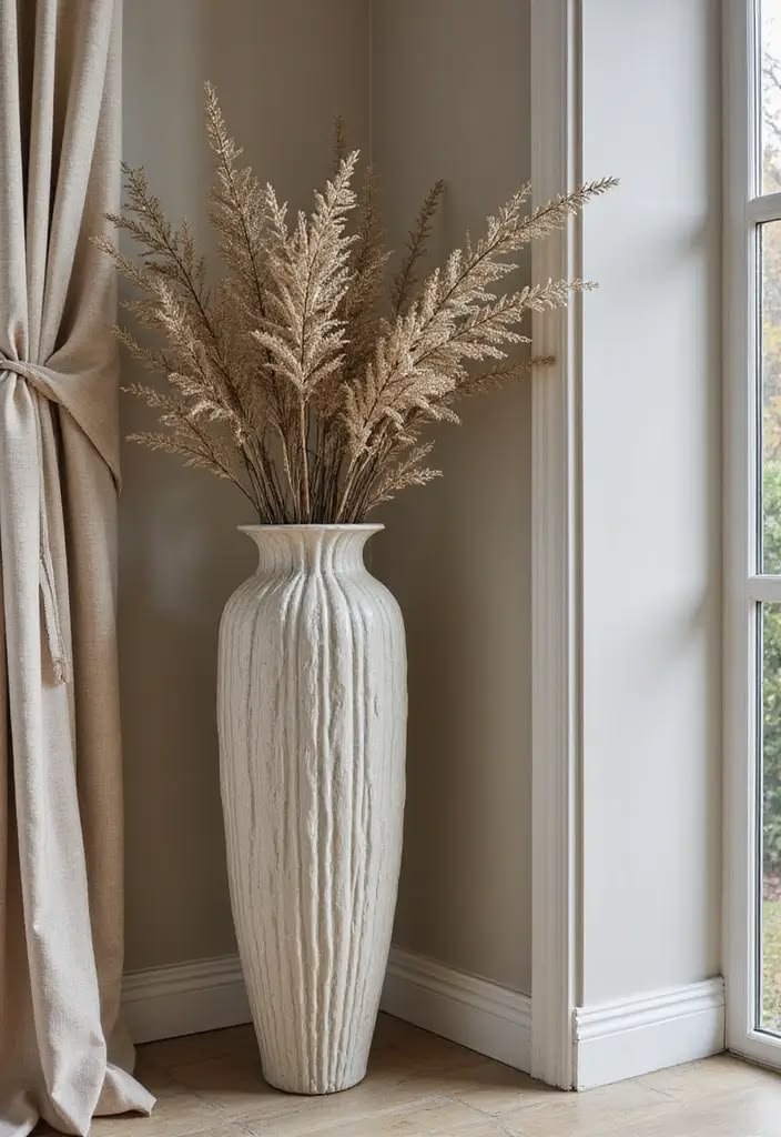 Bedroom with dried branches in a tall ceramic vase