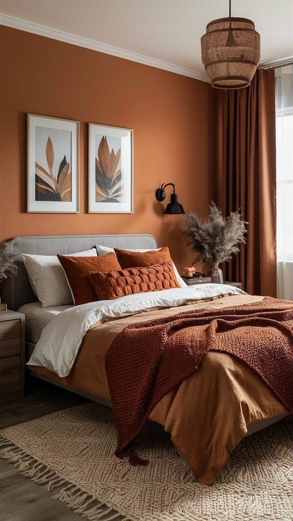 Terracotta vase/pillow/decor against neutral bedding