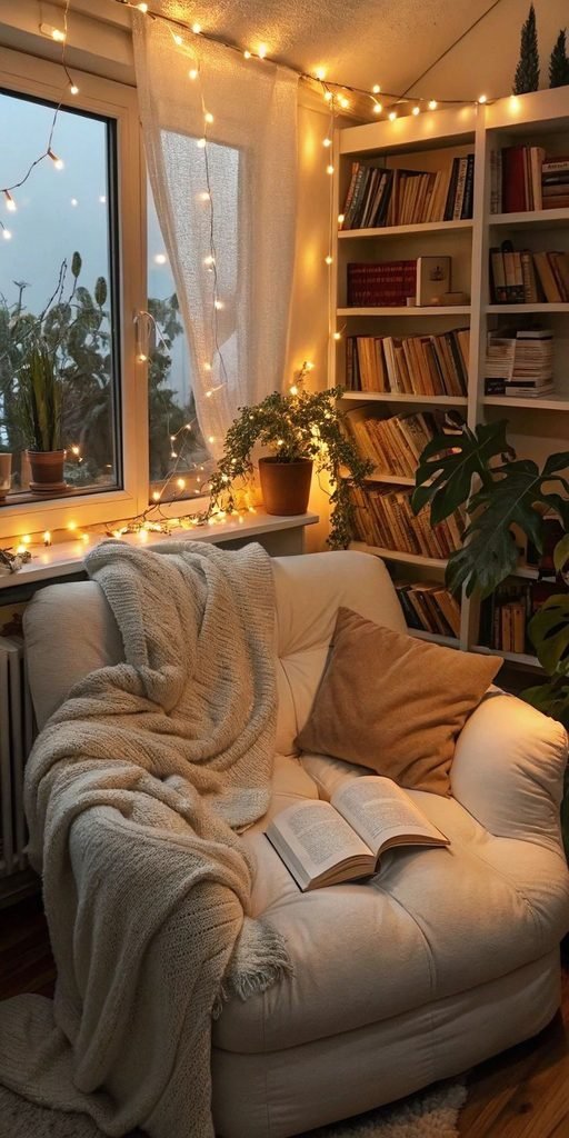Cozy bedroom reading corner with a comfortable chair