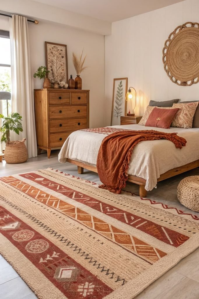 Bedroom with a textured rug beside the bed