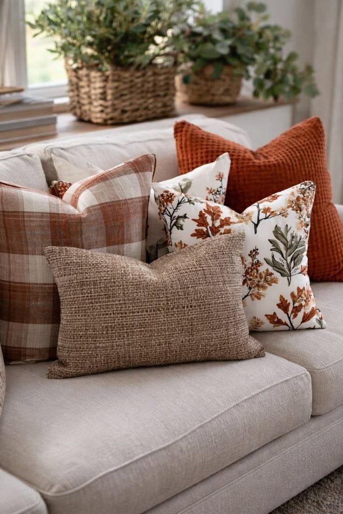 Bedroom with autumn-inspired layered pillows
