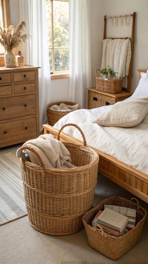 Bedroom with natural wood and woven decor