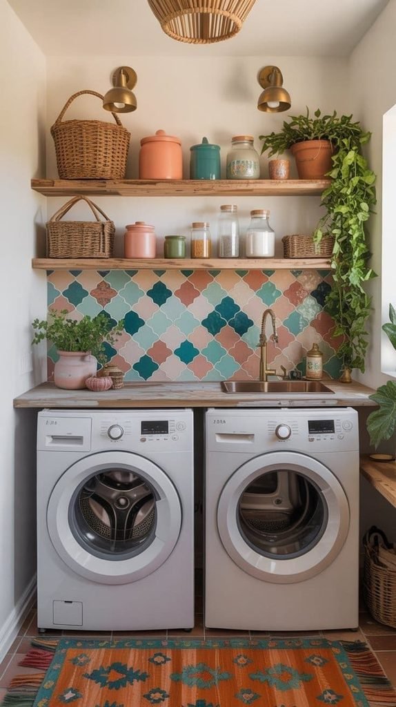 Laundry room with colorful patterned tile backsplash