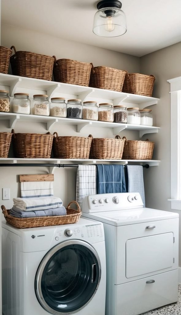 Laundry room with open shelving and woven storage