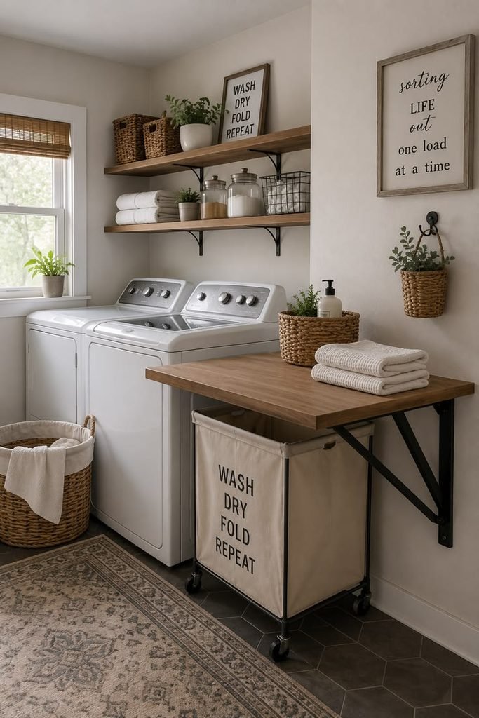 Laundry room with folding counter above washer and dryer