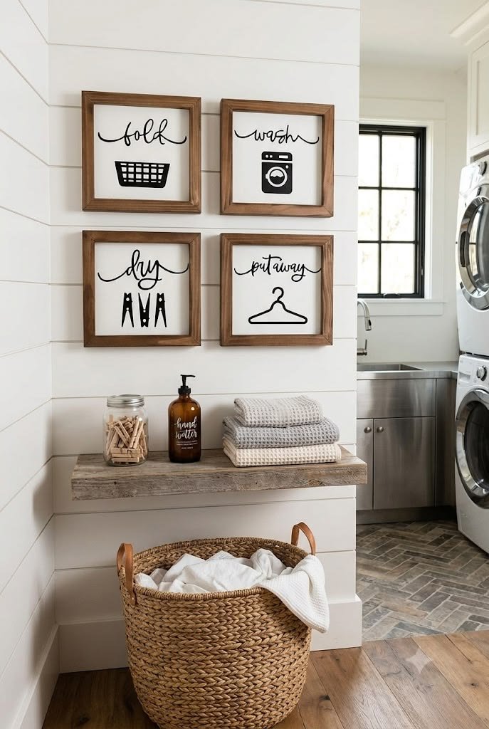 Laundry room with colorful statement wall art

