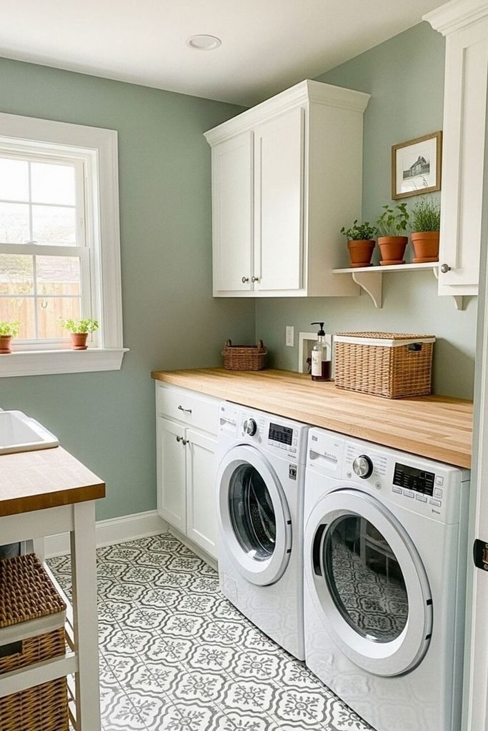 Sage green laundry room with warm wood accents