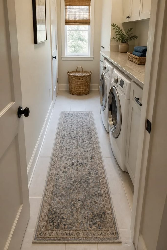 Laundry room with a patterned runner rug