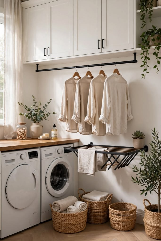 Laundry room with a wall-mounted hanging rail