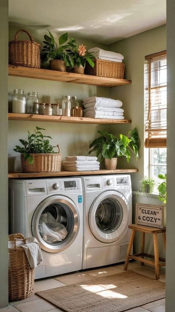 Laundry room with a small potted plant