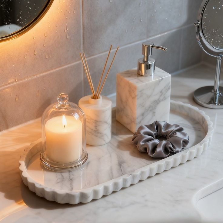 Ceramic tray styled beside a bathroom sink decor ideas