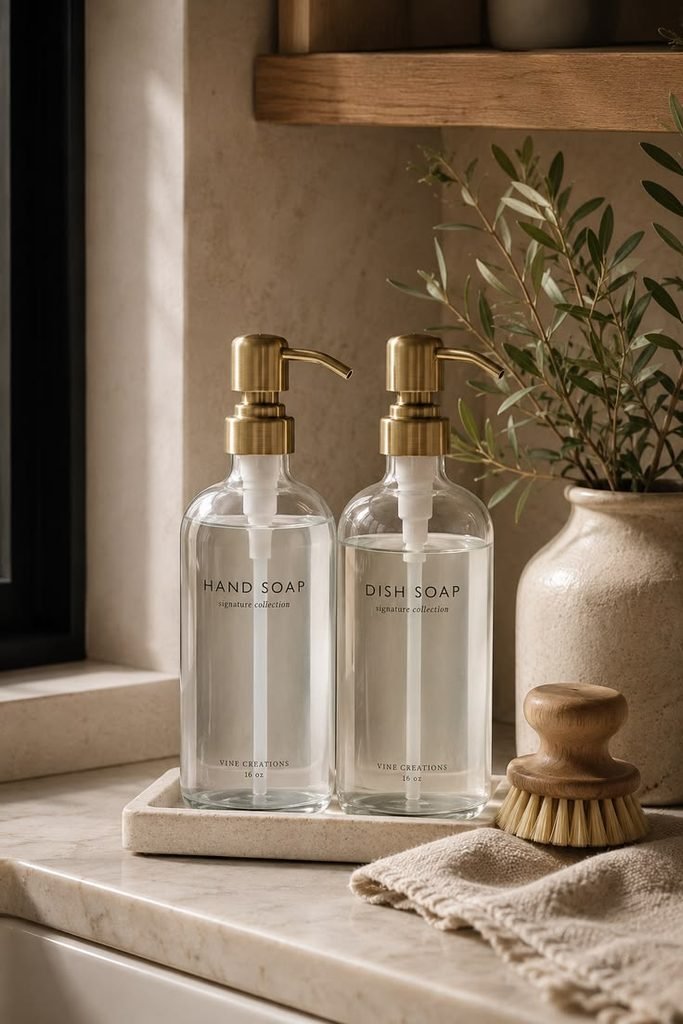 Stylish soap dispenser beside bathroom sink
