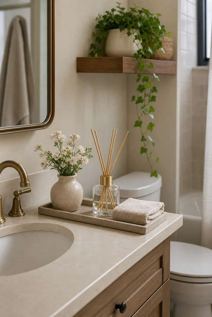 Small green plant decorating a bathroom sink
