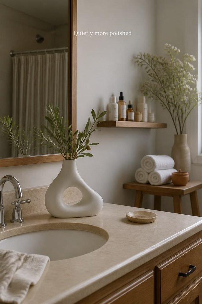 Sculptural ceramic vase on bathroom vanity