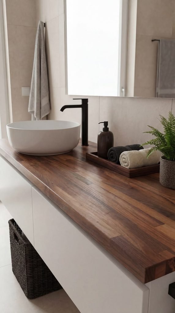 Wooden bathroom sink accessories on vanity