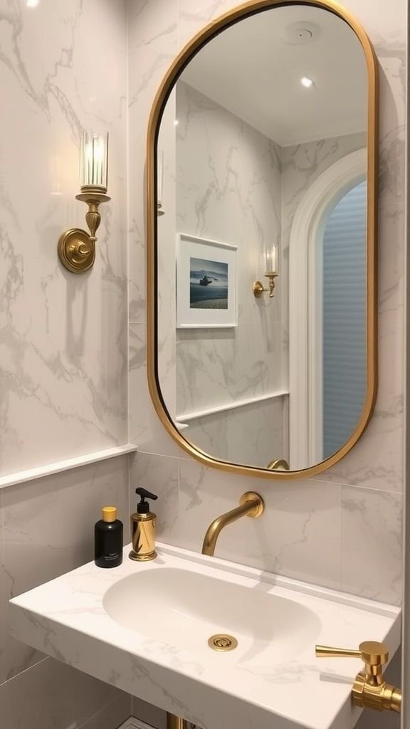 Framed mirror above a bathroom sink
