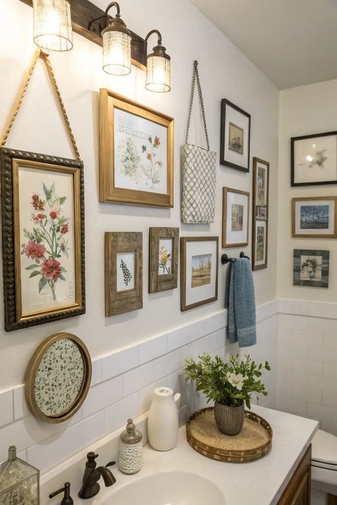 Small artwork decorating wall above bathroom sink