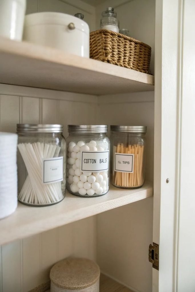 Decorative storage jar beside bathroom sink