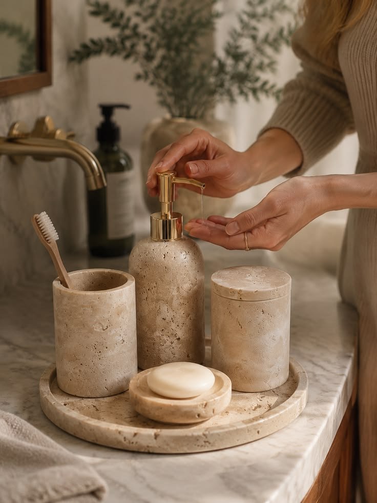 Natural stone accessories on bathroom vanity
