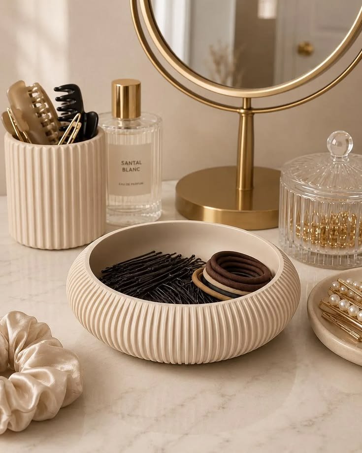 Decorative catchall bowl beside bathroom sink