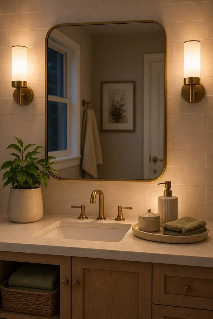 Warm wall sconce beside bathroom vanity mirror
