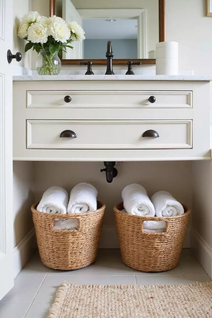 Small woven basket beside bathroom sink
