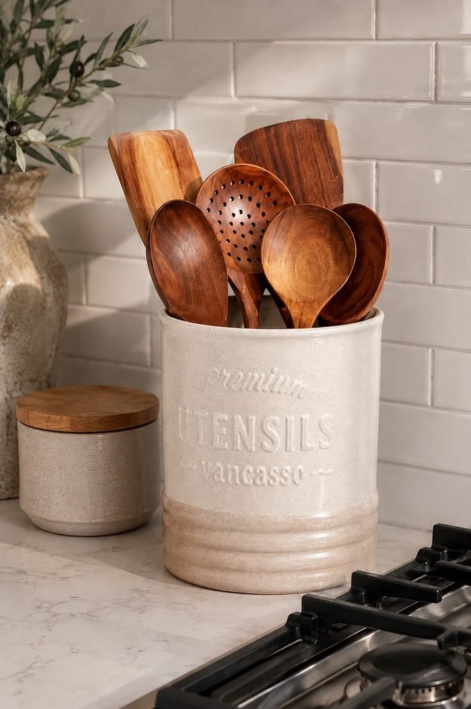 Crock dengan wooden utensils