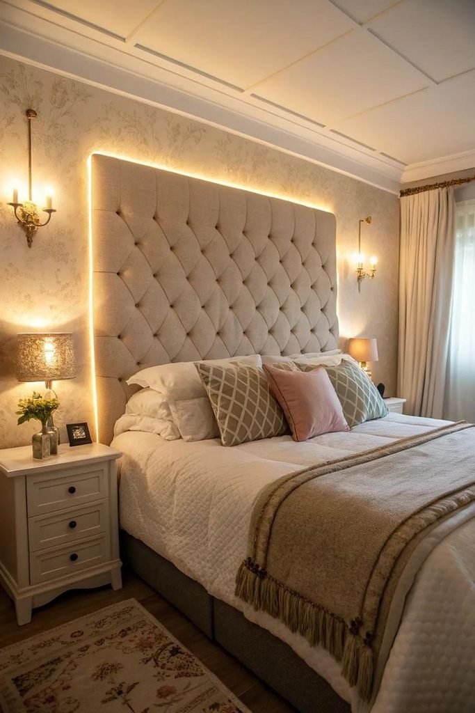 cozy bedroom decor ideas with a statement wooden headboard wall and layered bedding