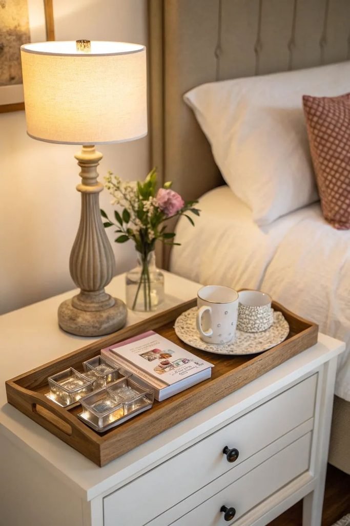 Cozy bedside table with ceramic decor, books, and a warm table lamp