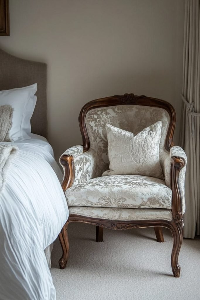 Cozy bedroom corner with a vintage chair and soft throw blanket