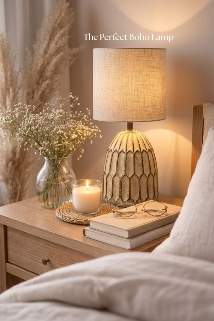 Ceramic bedside lamp adding warmth and character to a cozy bedroom