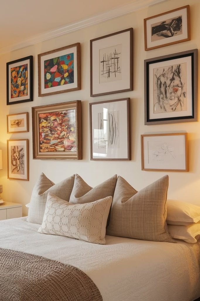 Small bedroom gallery wall with framed botanical and abstract prints