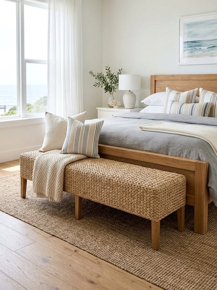 Woven bench placed at the foot of a cozy bedroom bed